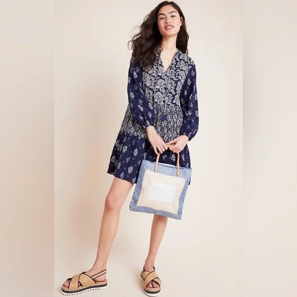 Anthropologie Maeve Carlita Tierd Tunic Dress Cotton Blue Floral Mini Bo… - Picture 1 of 13